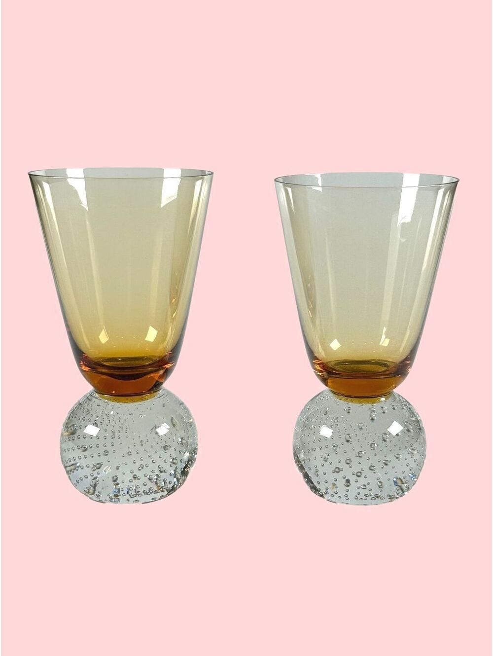 Pair MCM Carl Erickson Amber Tasting Glasses Controlled Bubble Art Glass Barware